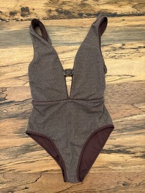 BECCA Textured Brown Deep V One-Piece Swimsuit